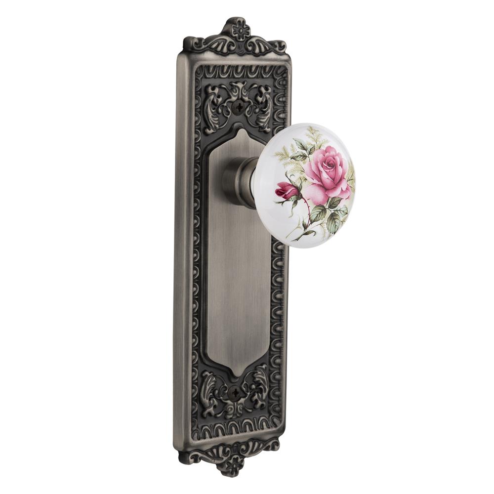 Nostalgic Warehouse EADROS Passage Knob Egg and Dart Plate with Rose Porcelain Knob without Keyhole in Antique Pewter